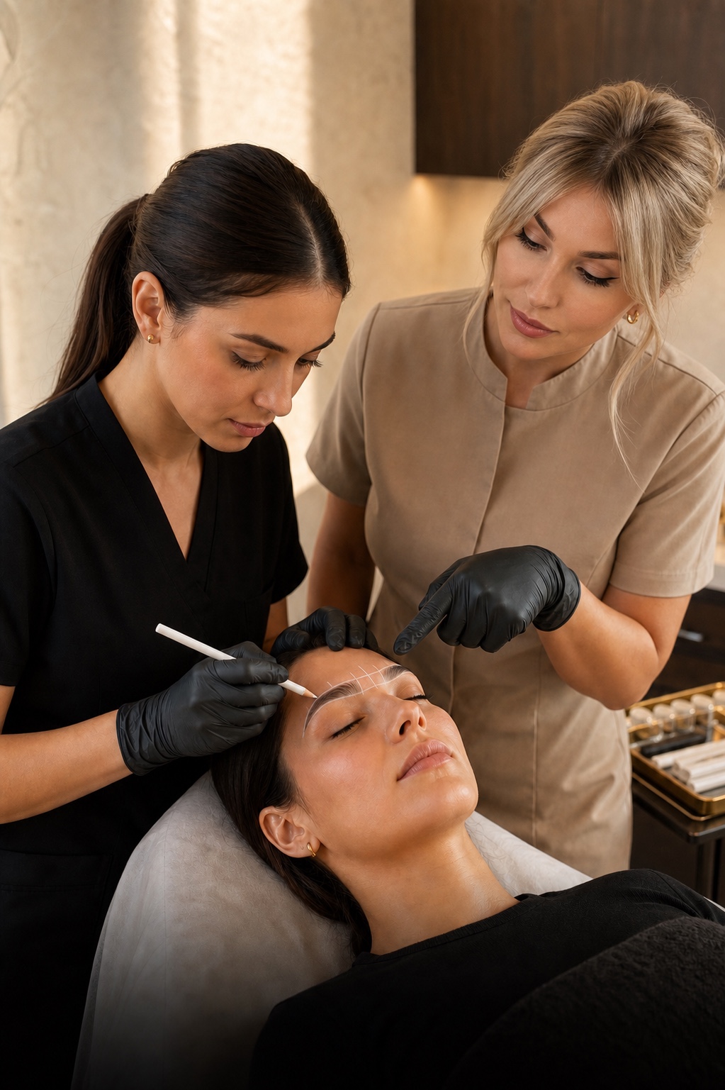 Blonde instructor guiding a licensed professional through brow mapping on a live model