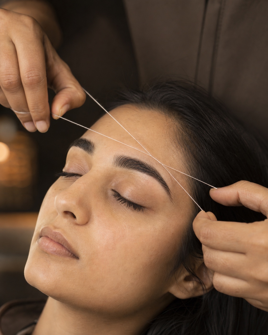 Professional shaping an eyebrow with precise threading technique