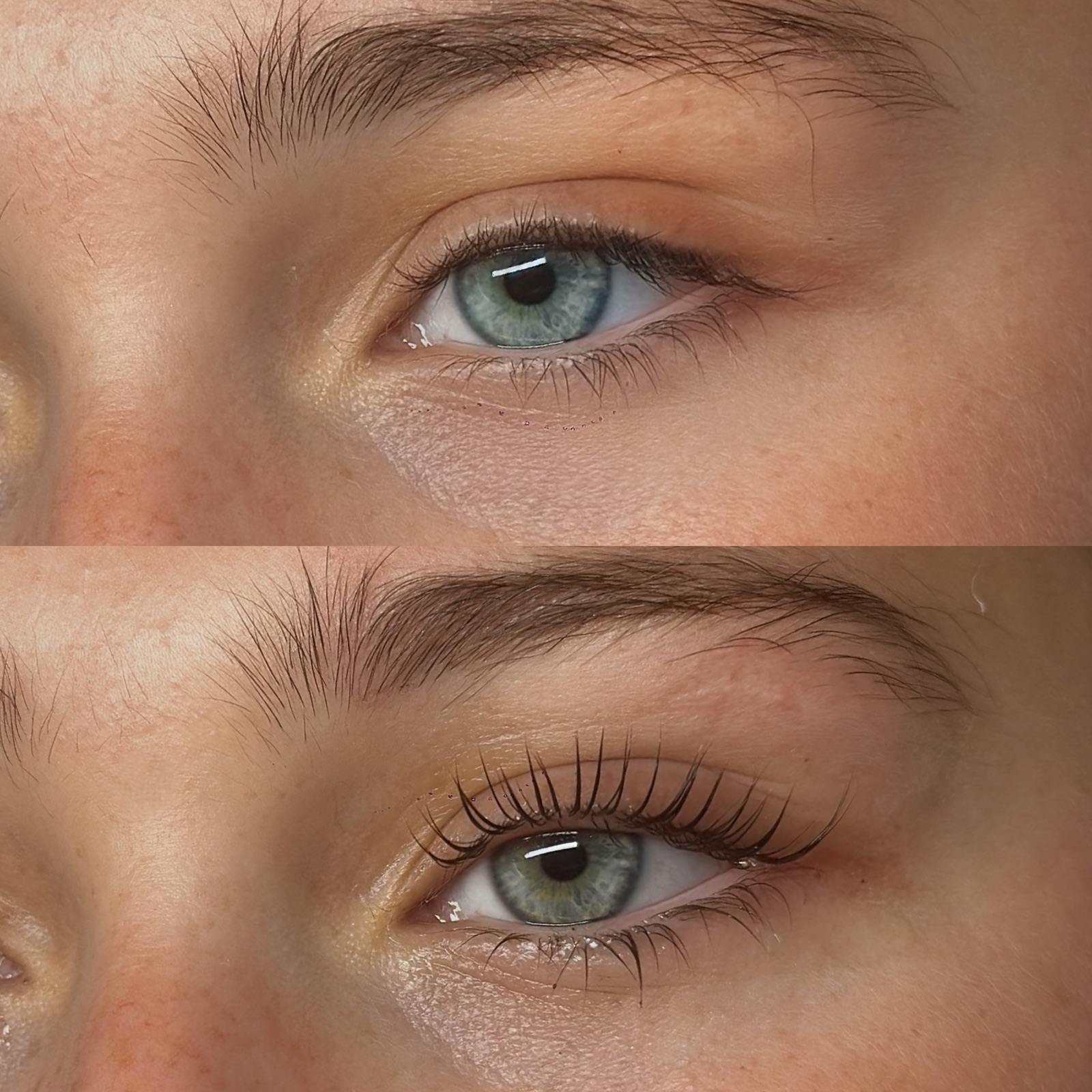 Blue-eyed client shown before and after a Lash Lift