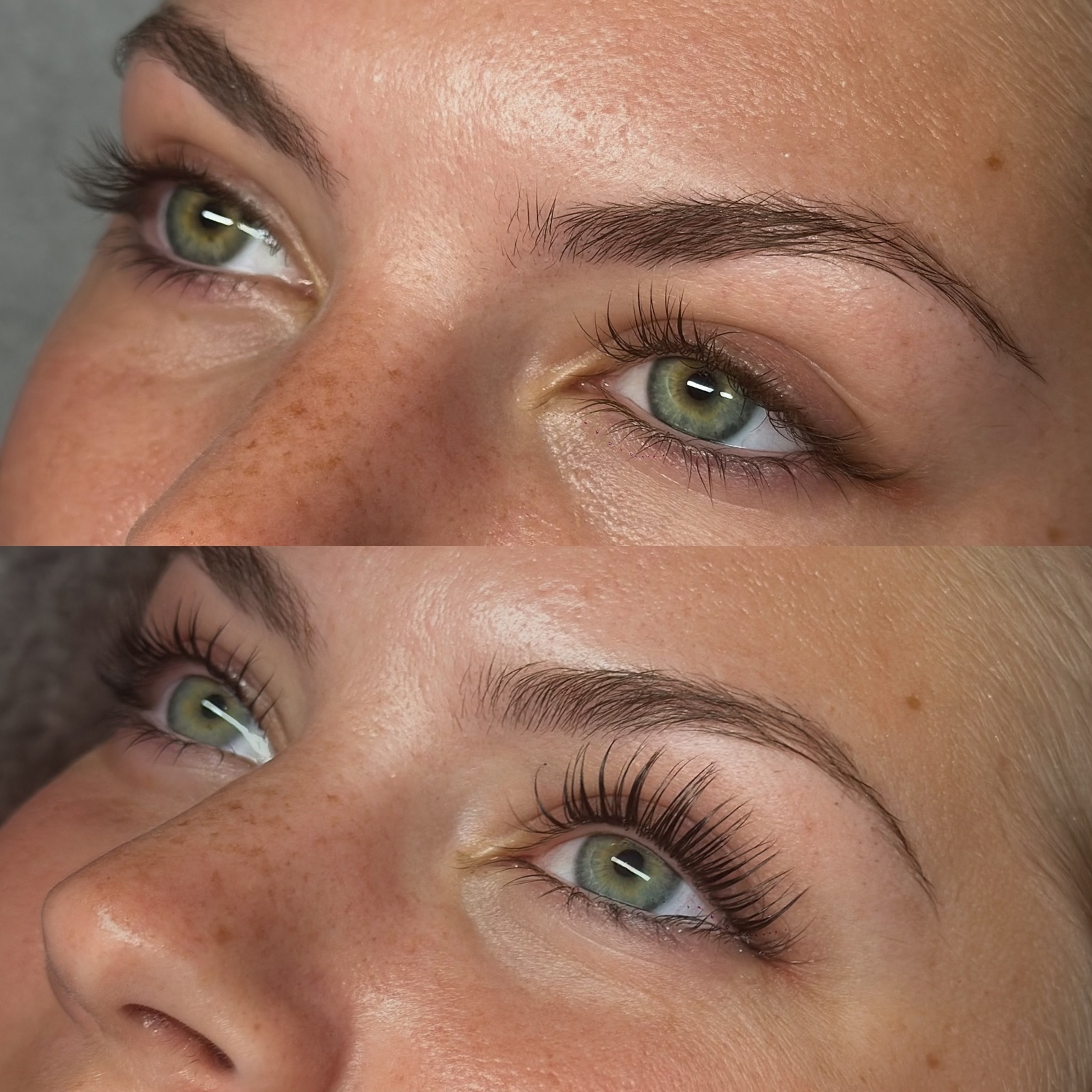 Green-eyed client shown before and after a Lash Lift